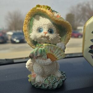Vintage-inspired White Kitty Figurine with Yellow Hat & Green Dress